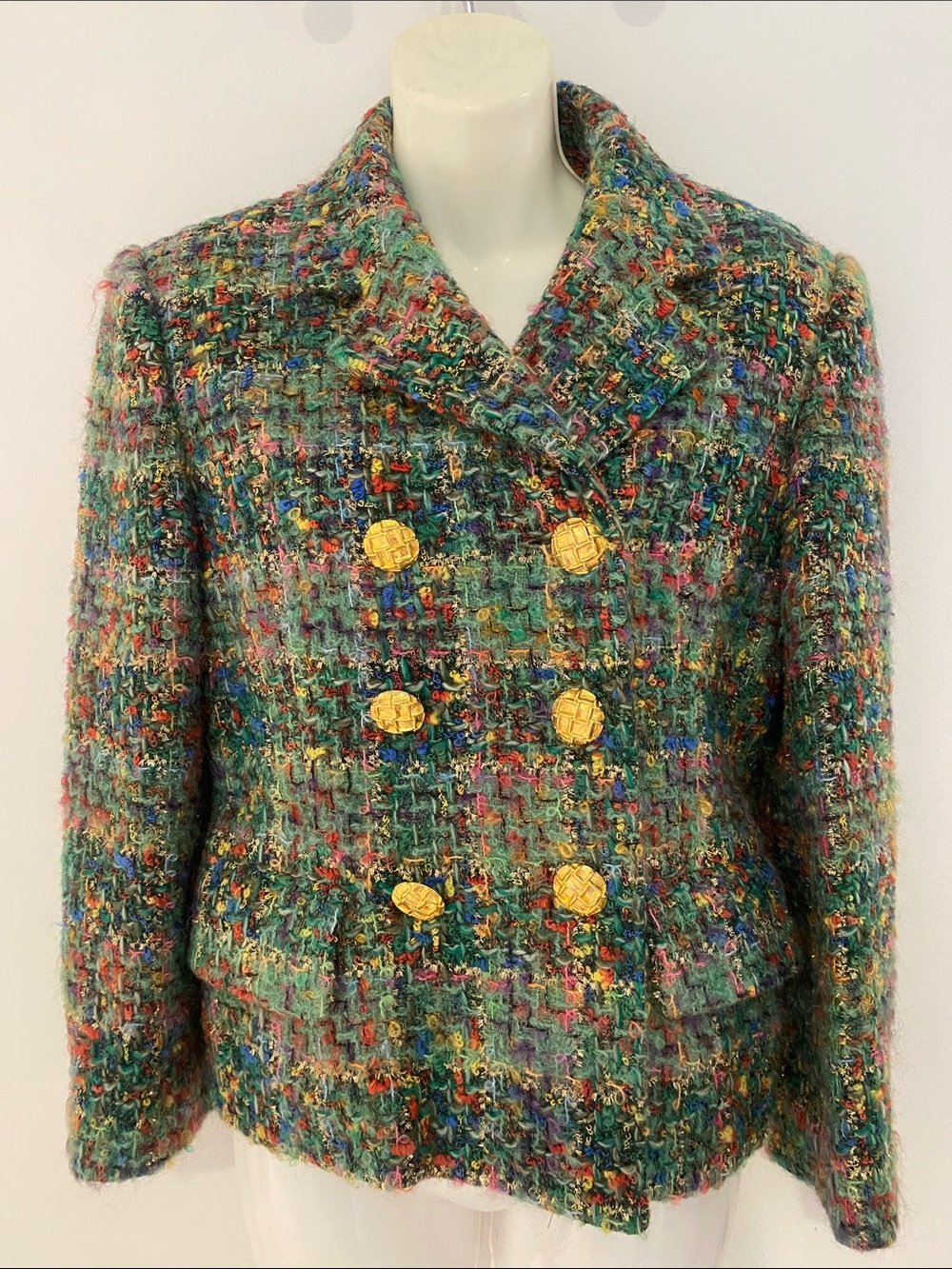 M DAQUIN Double-Breasted Green Wool Tweed Blazer with Gold Buttons Size 40/8